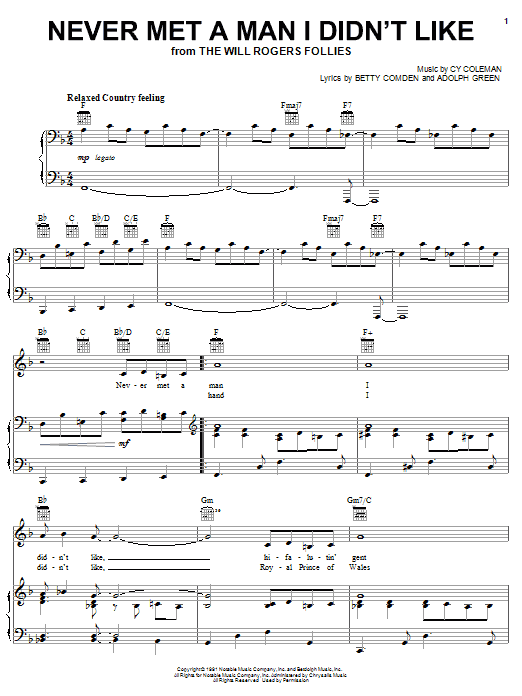 Cy Coleman Never Met A Man I Didn't Like sheet music notes and chords arranged for Piano, Vocal & Guitar Chords (Right-Hand Melody)