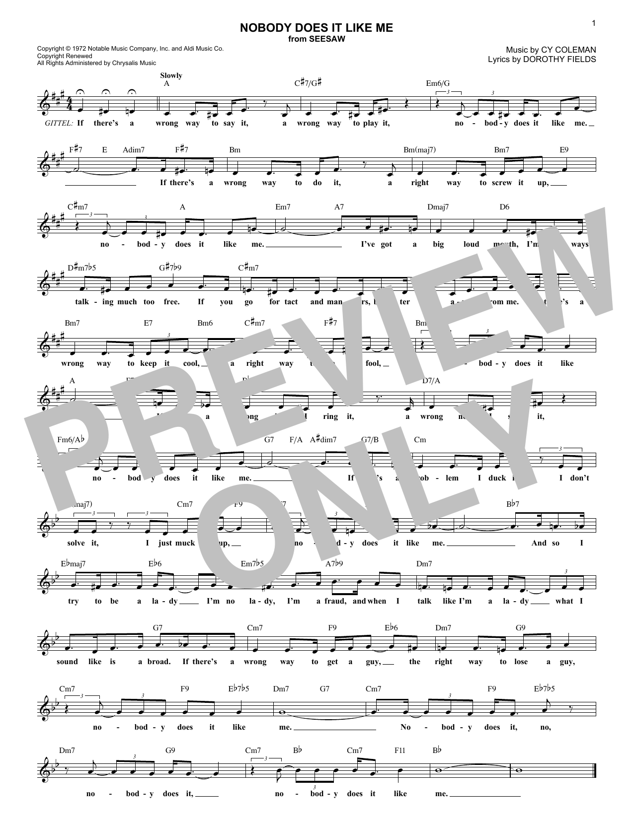 Cy Coleman Nobody Does It Like Me sheet music notes and chords arranged for Lead Sheet / Fake Book