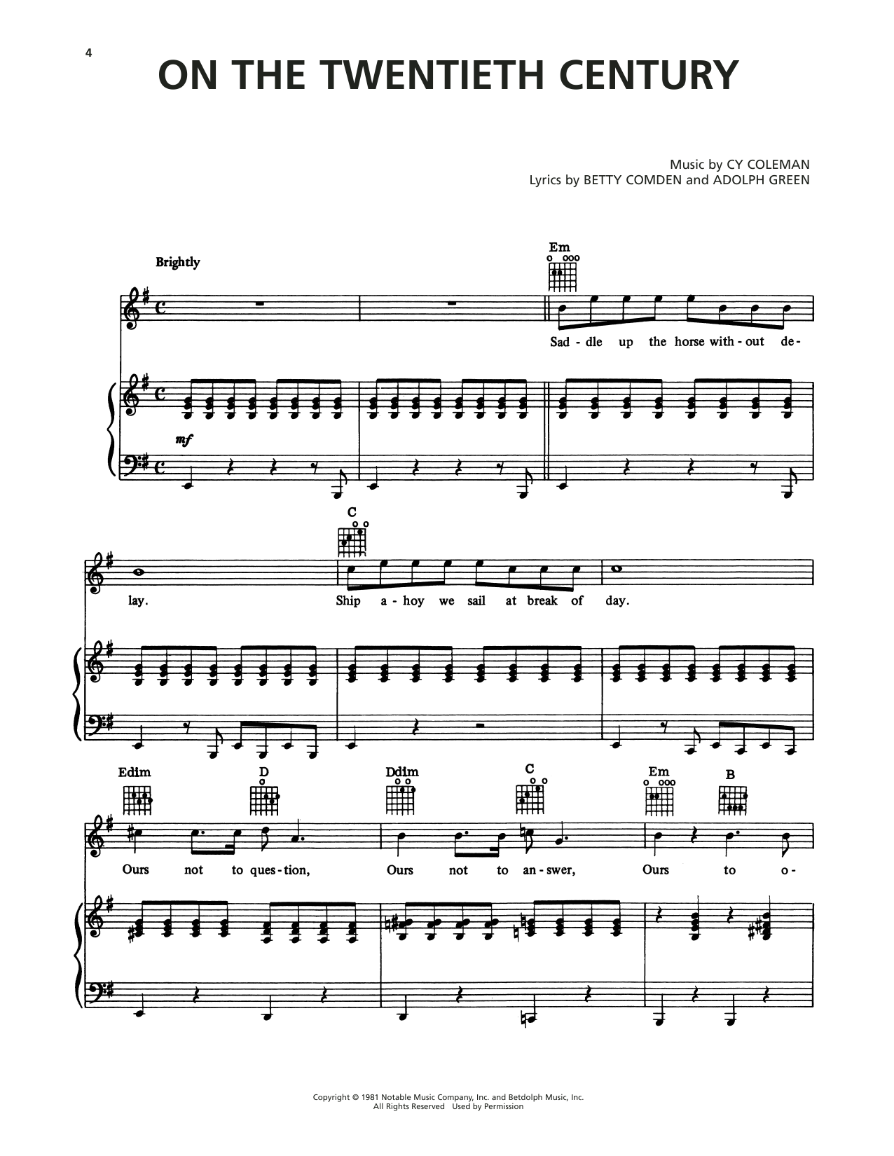 Cy Coleman On The Twentieth Century (from On The Twentieth Century) sheet music notes and chords arranged for Piano, Vocal & Guitar Chords (Right-Hand Melody)
