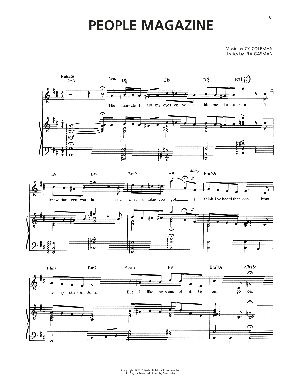 Cy Coleman People Magazine (from The Life) sheet music notes and chords arranged for Piano & Vocal