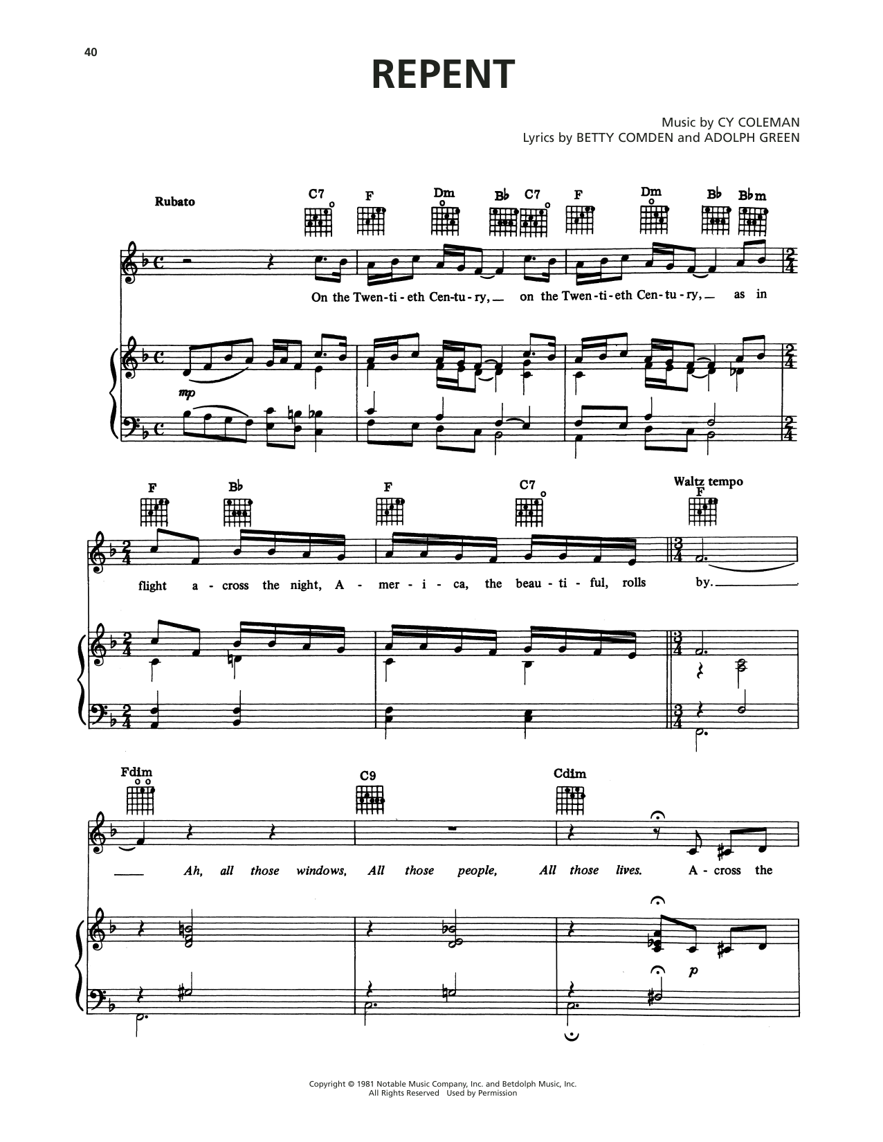 Cy Coleman Repent (from On The Twentieth Century) sheet music notes and chords arranged for Piano, Vocal & Guitar Chords (Right-Hand Melody)