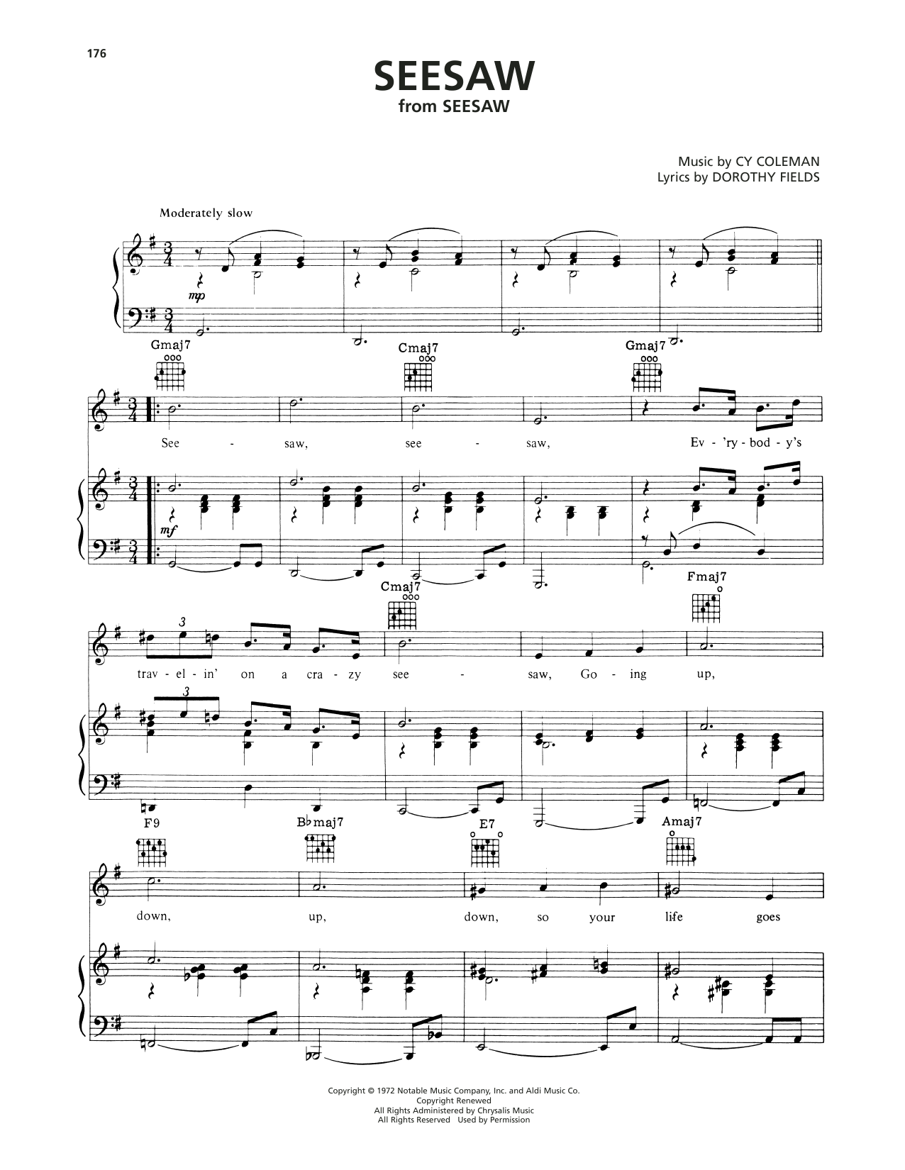 Cy Coleman Seesaw sheet music notes and chords arranged for Piano, Vocal & Guitar Chords (Right-Hand Melody)