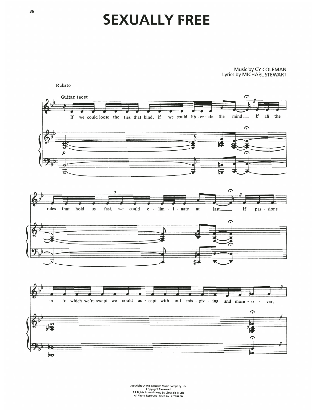 Cy Coleman Sexually Free (from I Love My Wife) sheet music notes and chords arranged for Piano, Vocal & Guitar Chords (Right-Hand Melody)