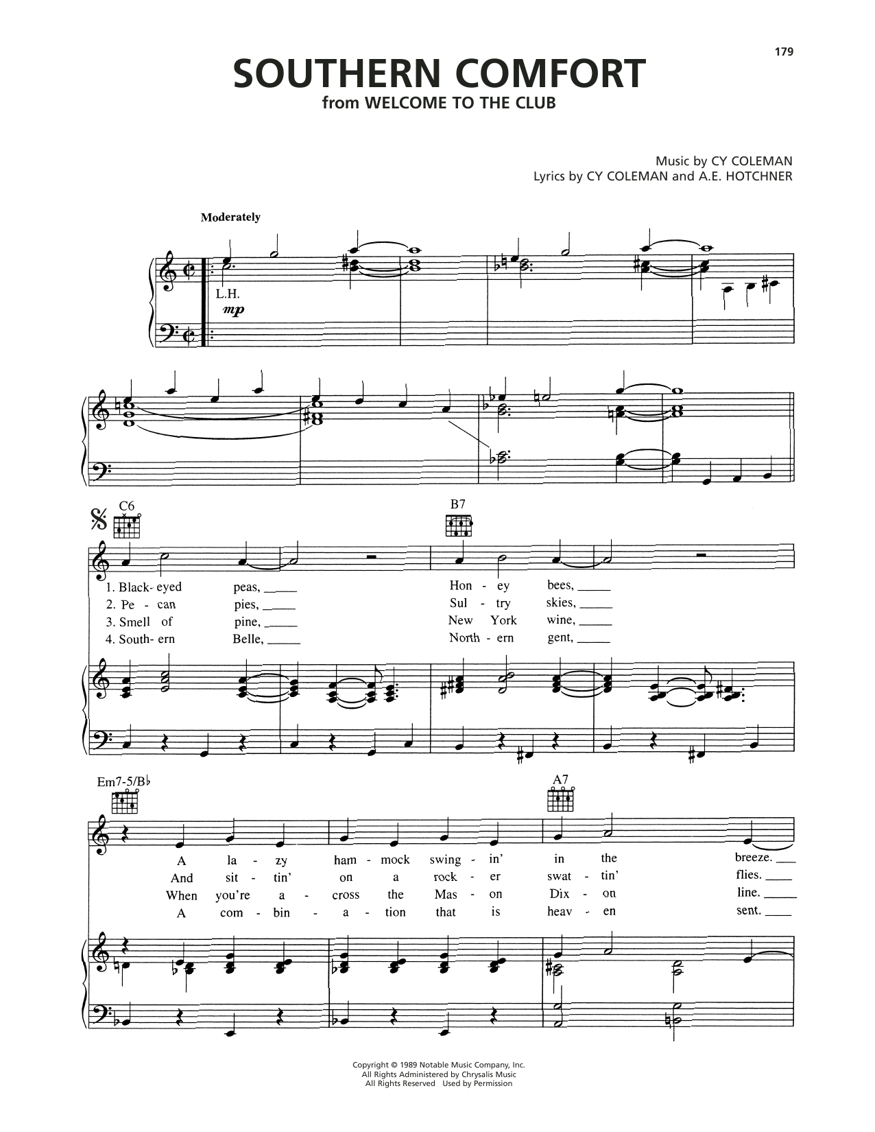 Cy Coleman Southern Comfort (from Welcome To The Club) sheet music notes and chords arranged for Piano, Vocal & Guitar Chords (Right-Hand Melody)