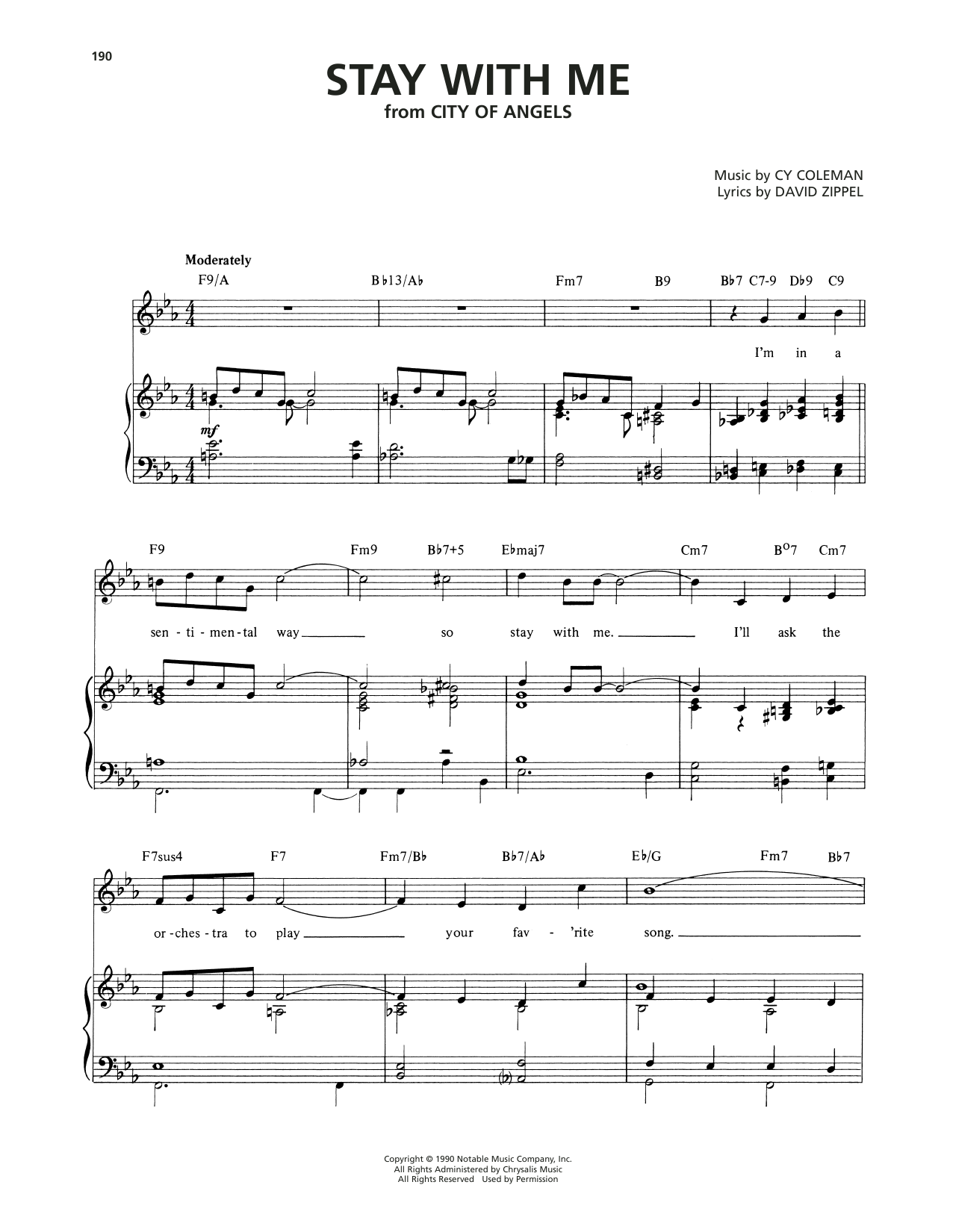 Cy Coleman Stay With Me (from City Of Angels) sheet music notes and chords arranged for Piano, Vocal & Guitar Chords (Right-Hand Melody)