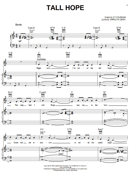 Cy Coleman Tall Hope sheet music notes and chords arranged for Piano, Vocal & Guitar Chords (Right-Hand Melody)