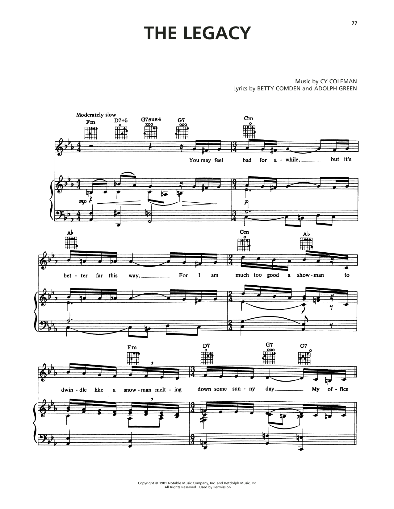 Cy Coleman The Legacy (from On The Twentieth Century) sheet music notes and chords arranged for Piano, Vocal & Guitar Chords (Right-Hand Melody)