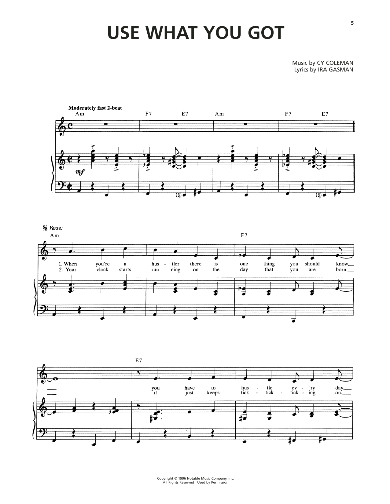 Cy Coleman Use What You Got (from The Life) sheet music notes and chords arranged for Piano & Vocal