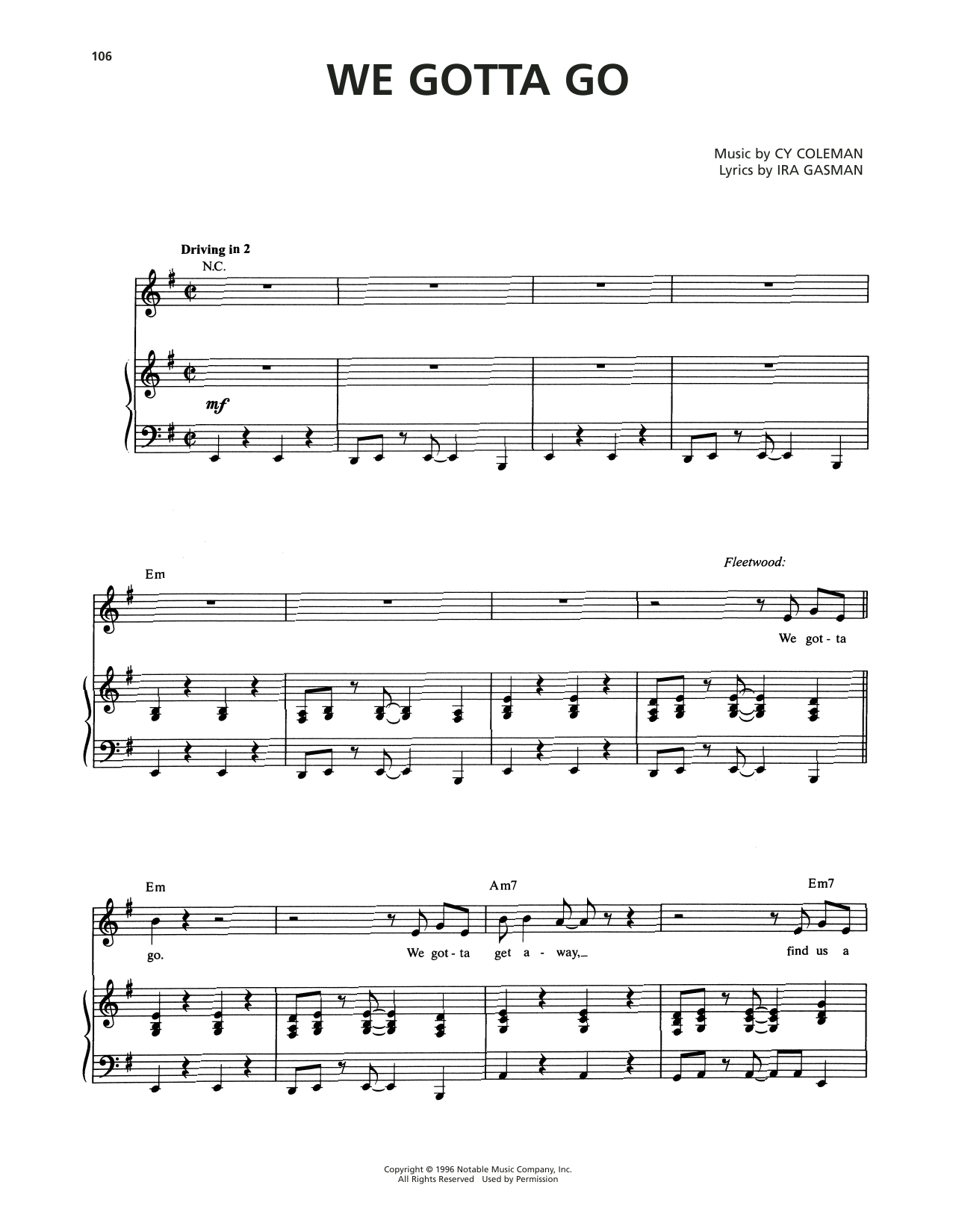 Cy Coleman We Gotta Go (from The Life) sheet music notes and chords arranged for Piano & Vocal