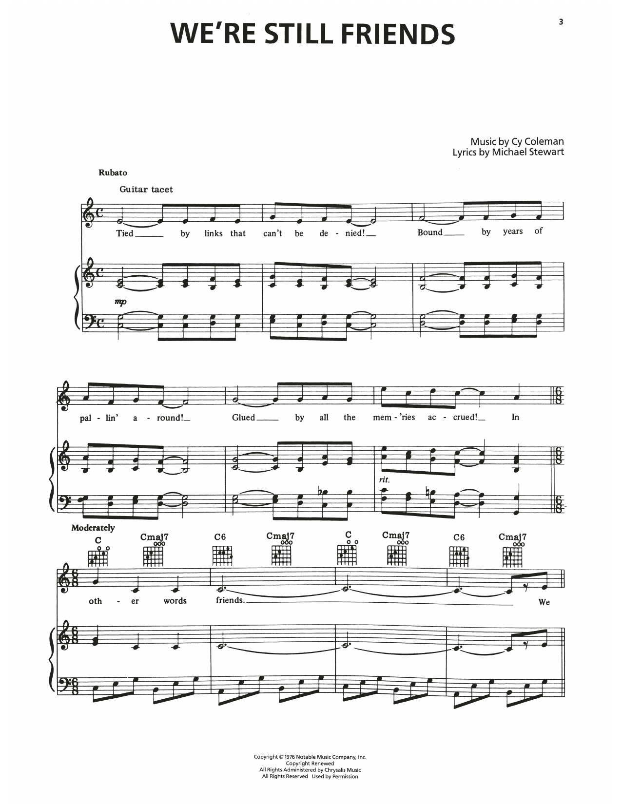 Cy Coleman We're Still Friends (from I Love My Wife) sheet music notes and chords arranged for Piano, Vocal & Guitar Chords (Right-Hand Melody)