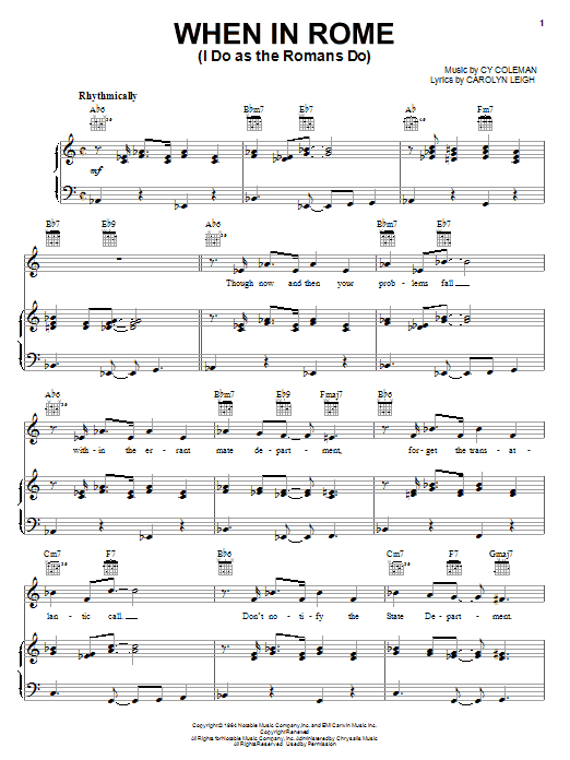 Cy Coleman When In Rome (I Do As The Romans Do) sheet music notes and chords arranged for Piano, Vocal & Guitar Chords (Right-Hand Melody)