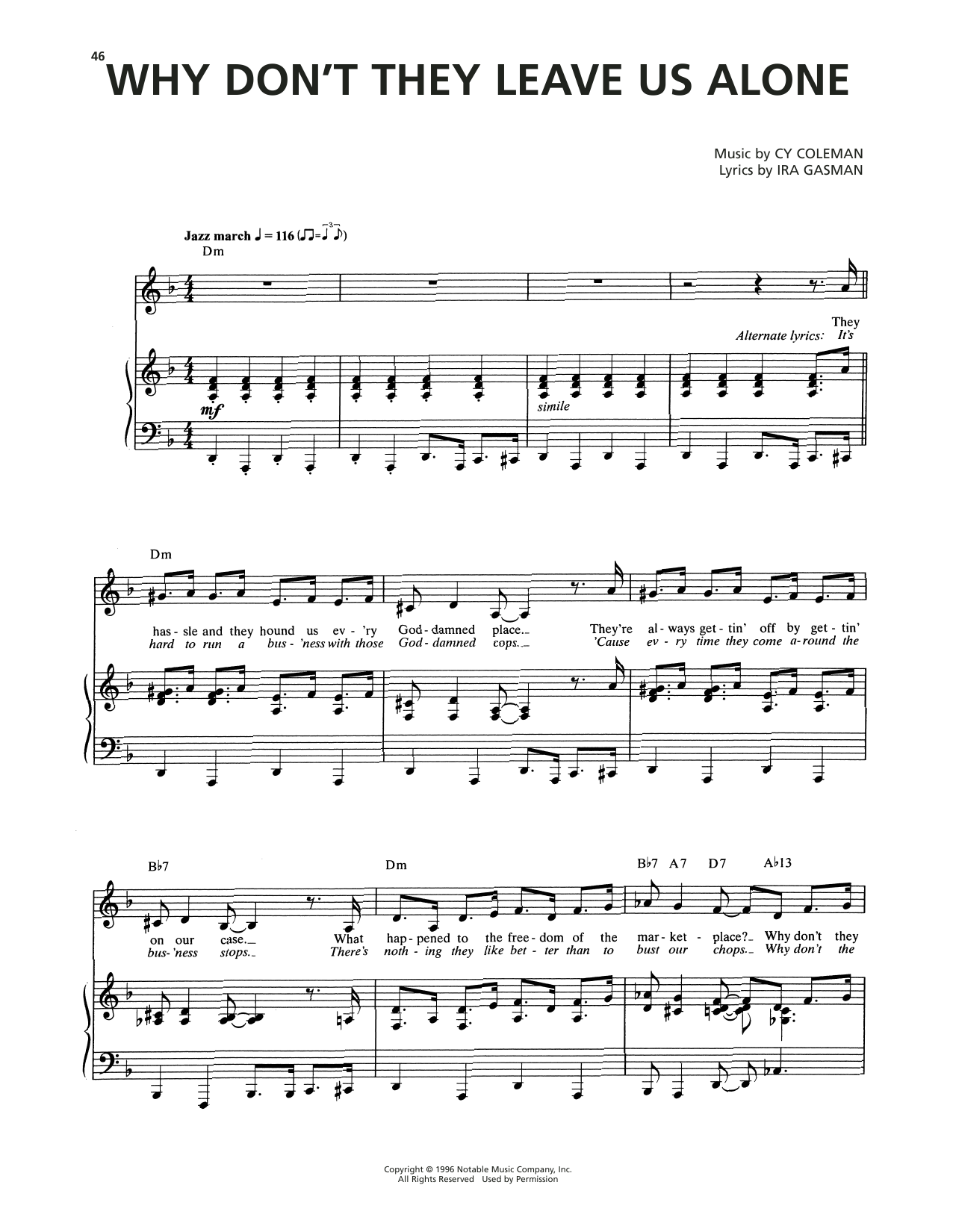 Cy Coleman Why Don't They Leave Us Alone (from The Life) sheet music notes and chords arranged for Piano & Vocal