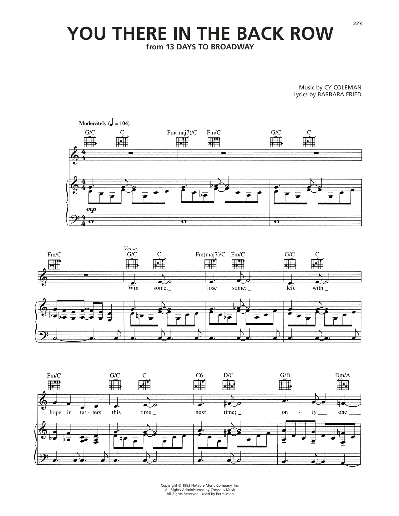 Cy Coleman You There In The Back Row (from 13 Days To Broadway) sheet music notes and chords arranged for Piano, Vocal & Guitar Chords (Right-Hand Melody)