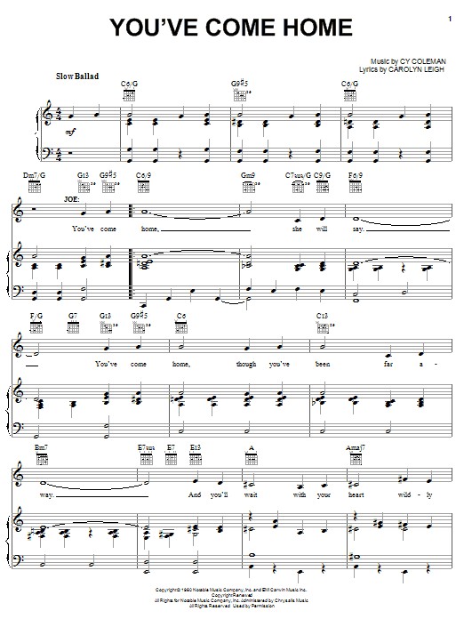 Cy Coleman You've Come Home sheet music notes and chords arranged for Piano, Vocal & Guitar Chords (Right-Hand Melody)