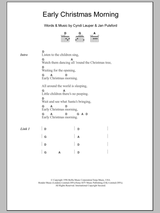 Cyndi Lauper Early Christmas Morning sheet music notes and chords arranged for Guitar Chords/Lyrics