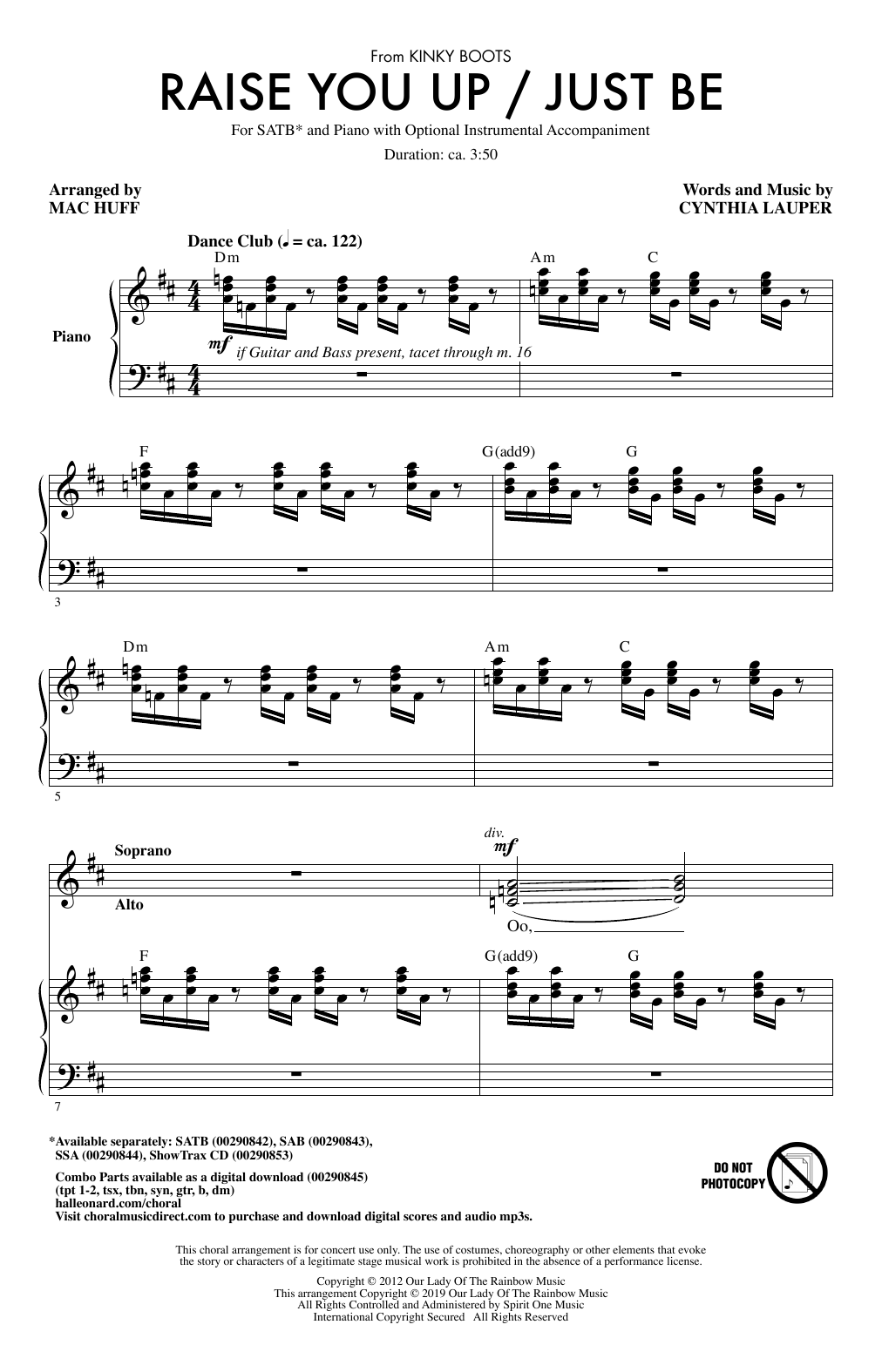 Cyndi Lauper Raise You Up/Just Be (from Kinky Boots) (arr. Mac Huff) sheet music notes and chords arranged for SSA Choir