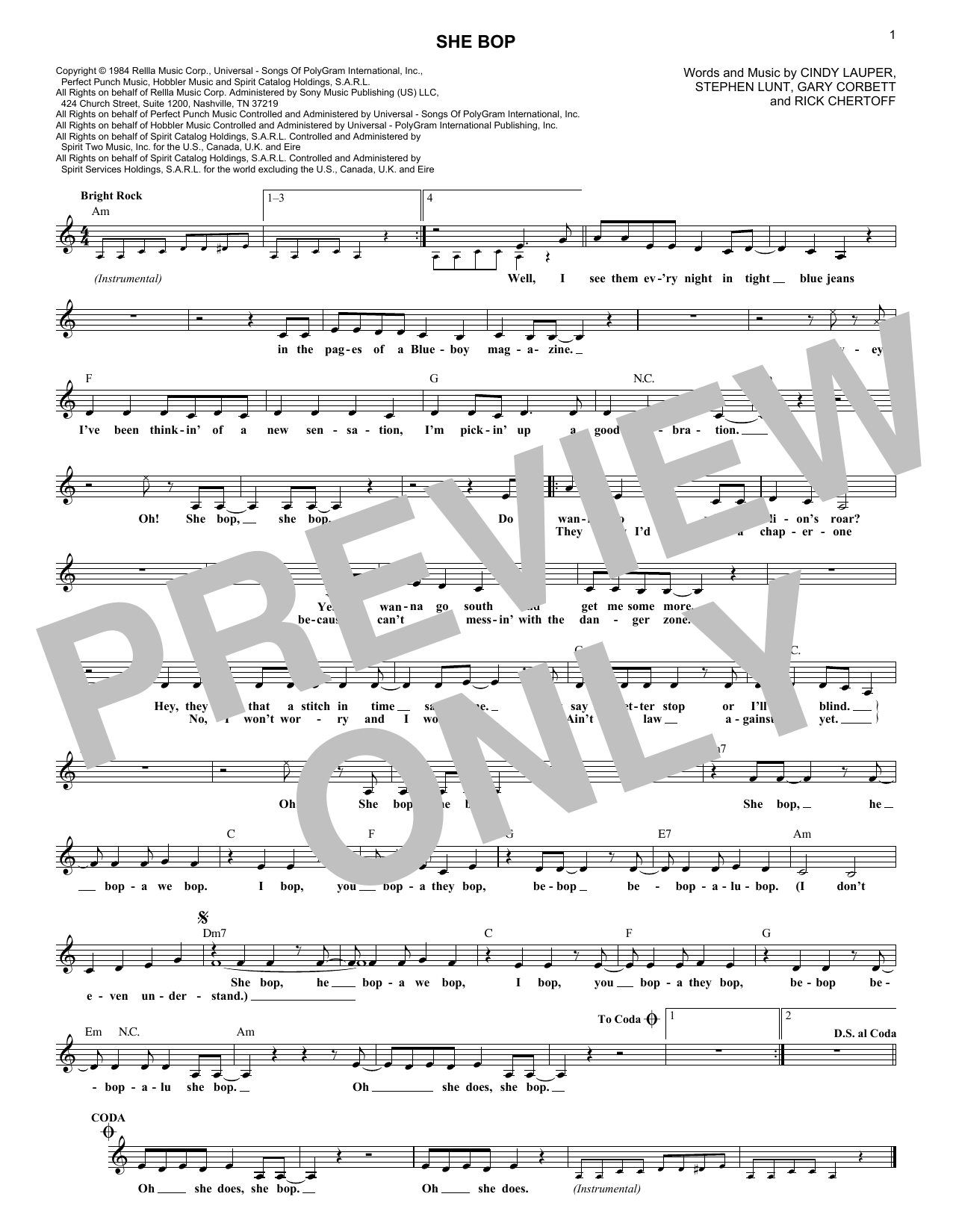 Cyndi Lauper She Bop sheet music notes and chords arranged for Piano, Vocal & Guitar Chords (Right-Hand Melody)
