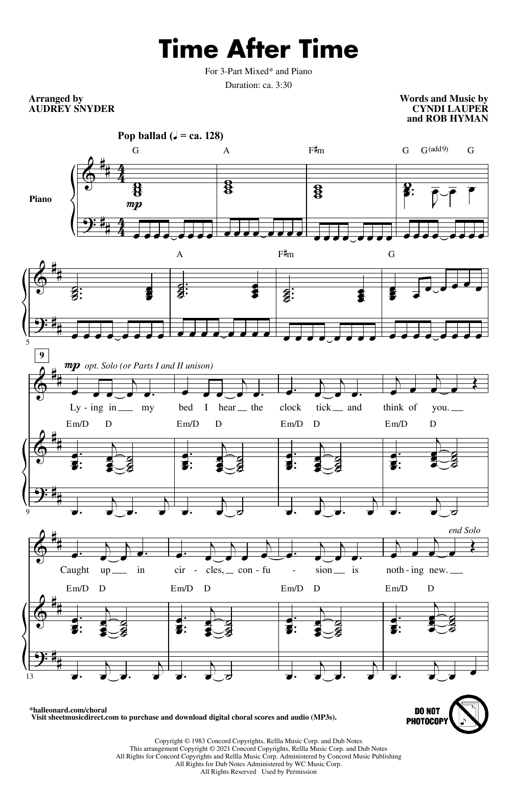 Cyndi Lauper Time After Time (arr. Audrey Snyder) sheet music notes and chords arranged for 3-Part Mixed Choir