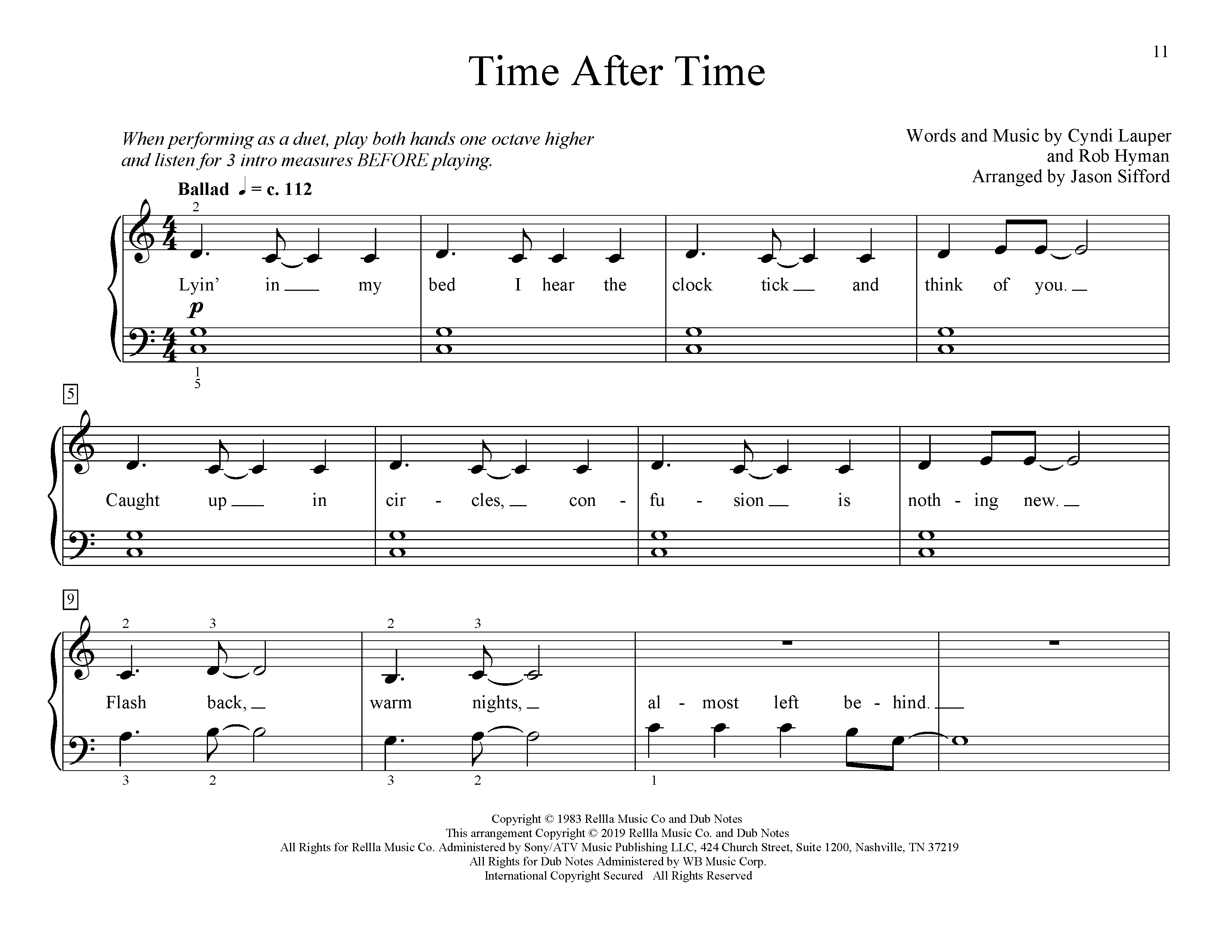 Cyndi Lauper Time After Time (arr. Jason Sifford) sheet music notes and chords arranged for Educational Piano