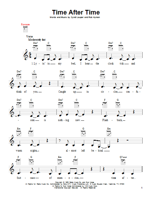 Cyndi Lauper Time After Time (feat. Sarah McLachlan) sheet music notes and chords arranged for Ukulele
