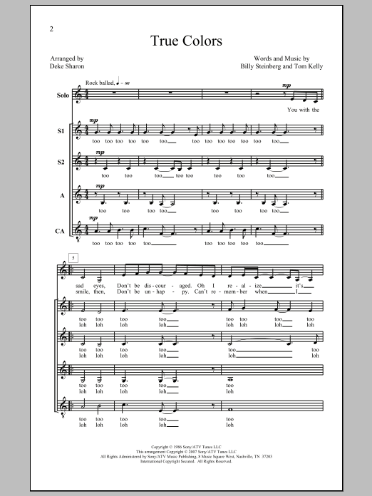 Cyndi Lauper True Colors (arr. Deke Sharon) sheet music notes and chords arranged for SSA Choir