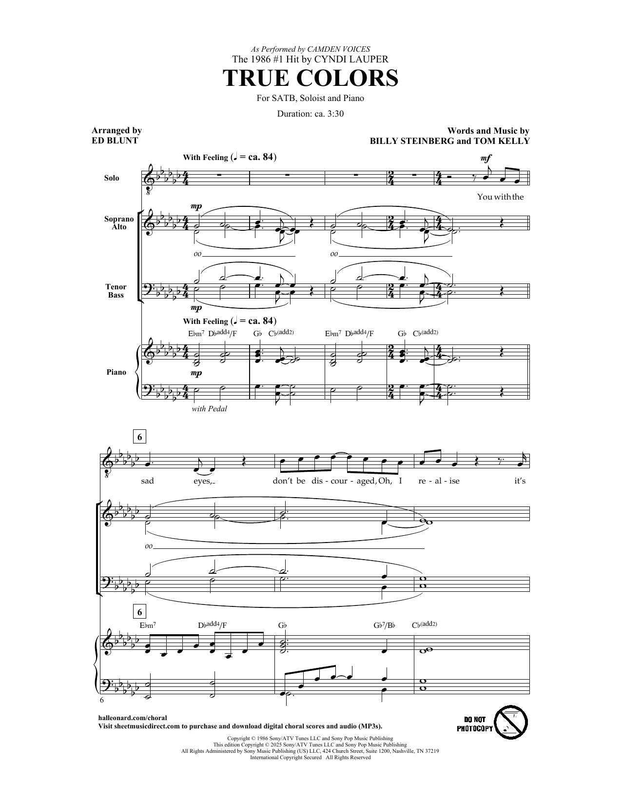 Cyndi Lauper True Colors (arr. Ed Blunt) sheet music notes and chords arranged for SATB Choir