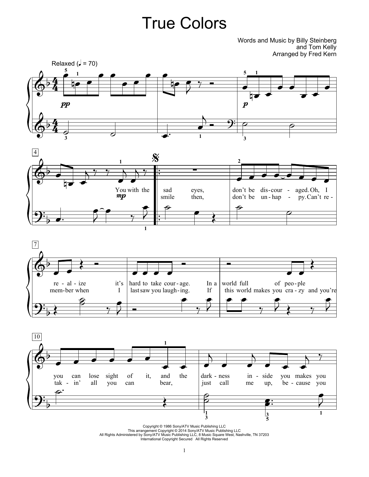 Cyndi Lauper True Colors (arr. Fred Kern) sheet music notes and chords arranged for Educational Piano