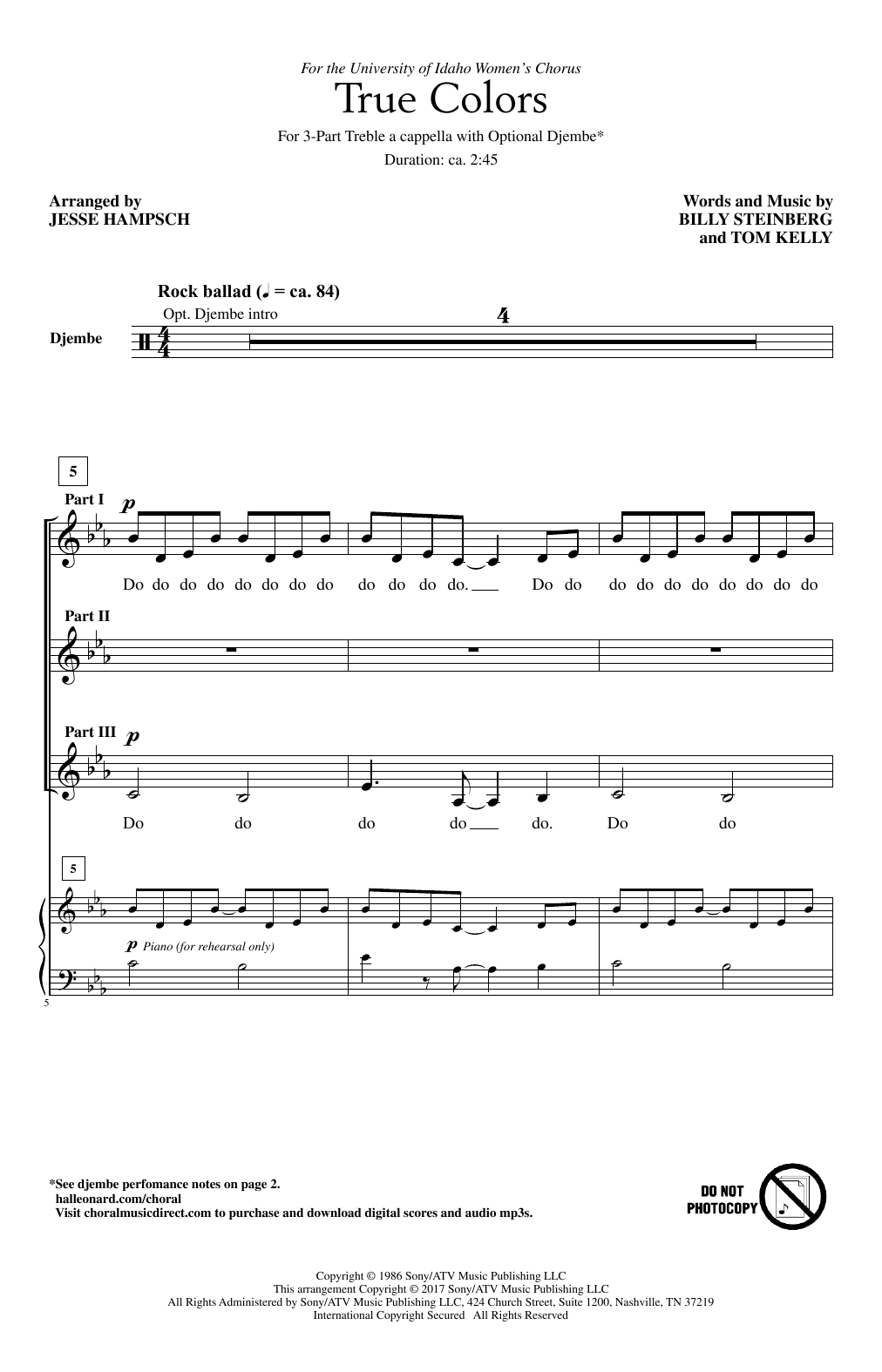 Cyndi Lauper True Colors (arr. Jesse Hampsch) sheet music notes and chords arranged for 3-Part Treble Choir