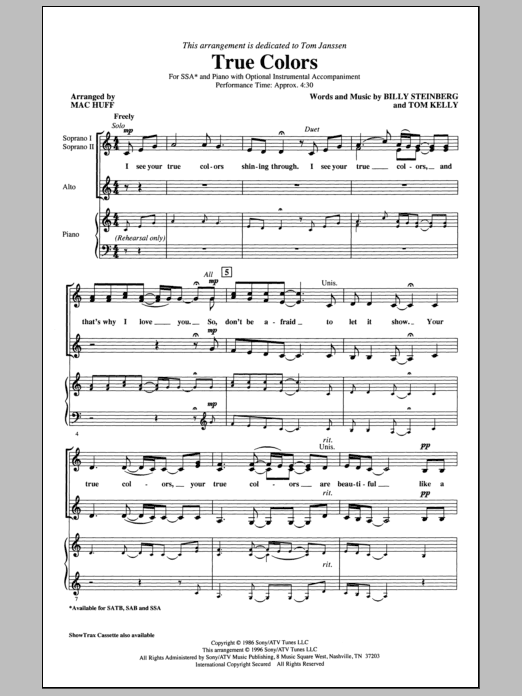 Cyndi Lauper True Colors (arr. Mac Huff) sheet music notes and chords arranged for SSA Choir