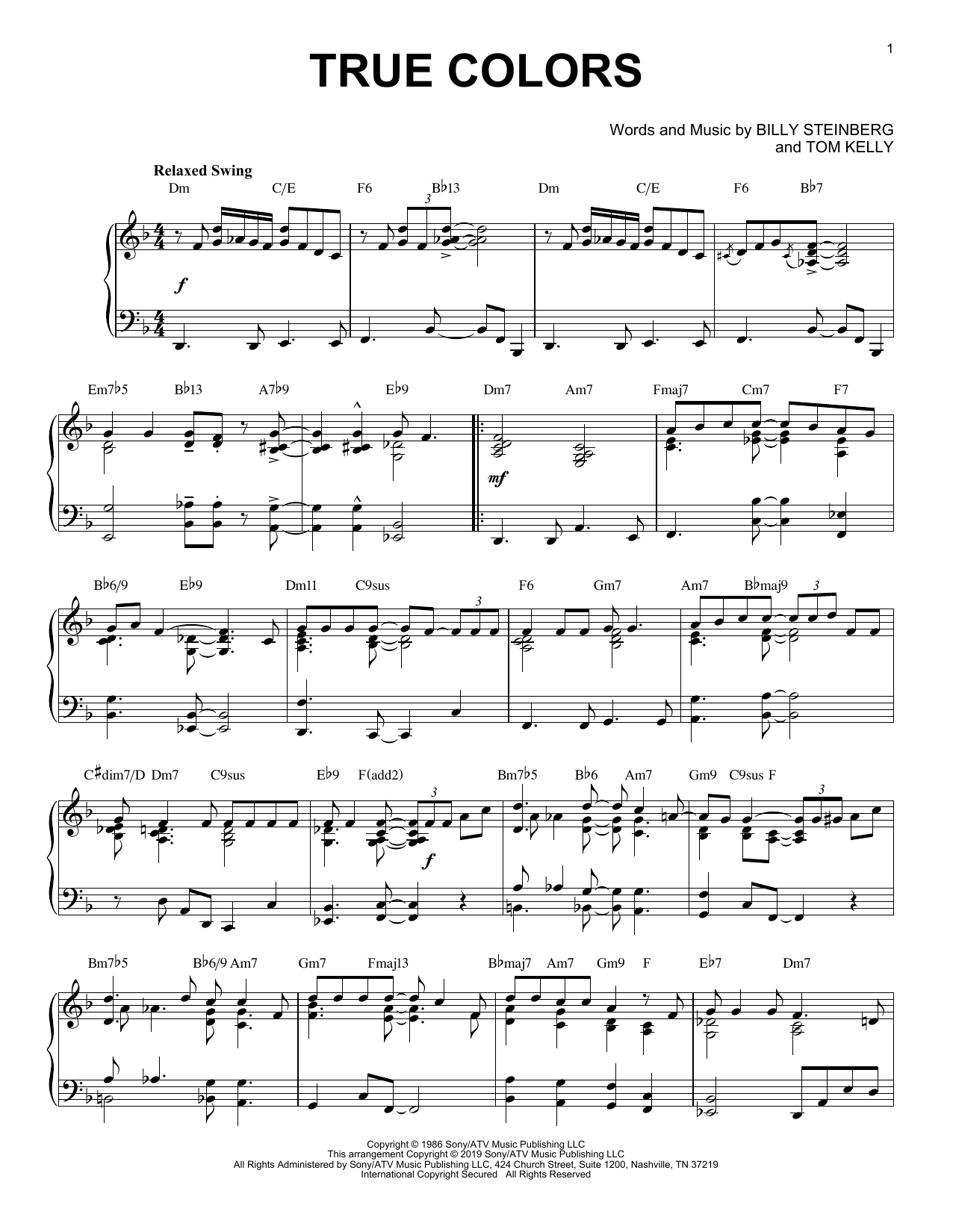 Cyndi Lauper True Colors [Jazz version] sheet music notes and chords arranged for Piano Solo