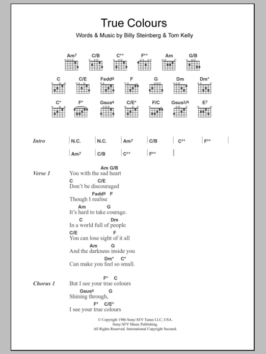 Cyndi Lauper True Colours sheet music notes and chords arranged for Guitar Chords/Lyrics