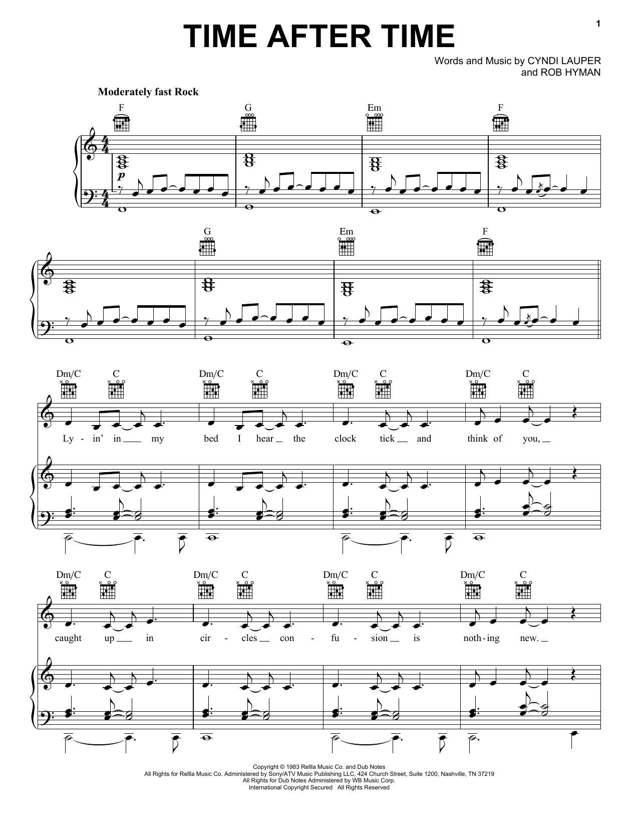 Cyndi Lauper Time After Time sheet music notes and chords. Download Printable PDF.