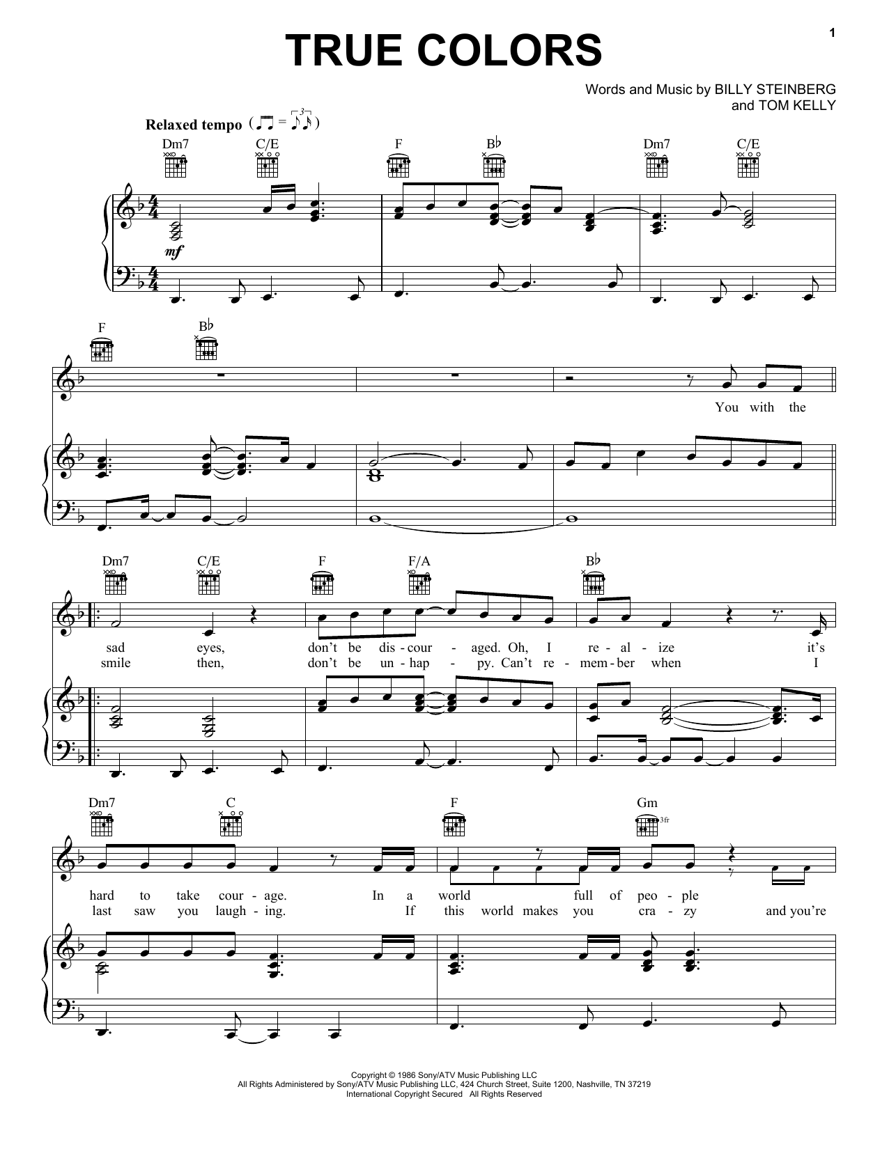 Cyndi Lauper True Colors sheet music notes and chords arranged for Real Book – Melody, Lyrics & Chords