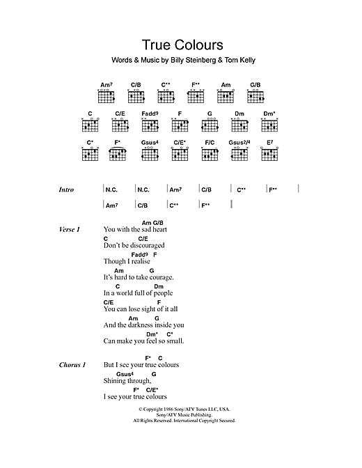 Cyndi Lauper True Colours sheet music notes and chords arranged for Guitar Chords/Lyrics