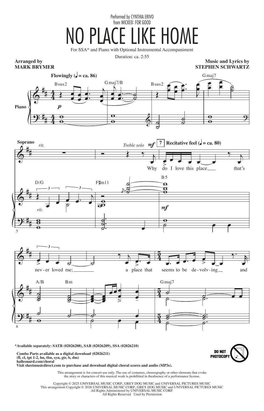 Cynthia Erivo No Place Like Home (arr. Mark Brymer) sheet music notes and chords arranged for SSA Choir