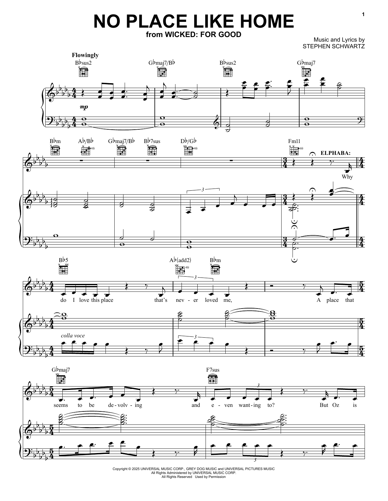 Cynthia Erivo No Place Like Home (from Wicked: For Good) sheet music notes and chords arranged for Piano, Vocal & Guitar Chords (Right-Hand Melody)