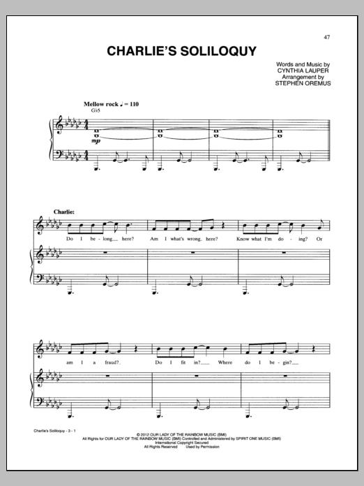 Cynthia Lauper Charlie's Soliloquy sheet music notes and chords arranged for Piano & Vocal