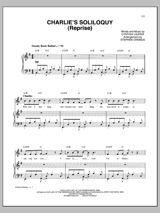 Cynthia Lauper Charlie's Soliloquy (Reprise) sheet music notes and chords arranged for Piano & Vocal