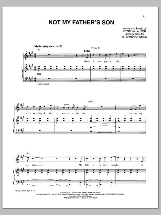 Cynthia Lauper Not My Father's Son sheet music notes and chords arranged for Piano & Vocal