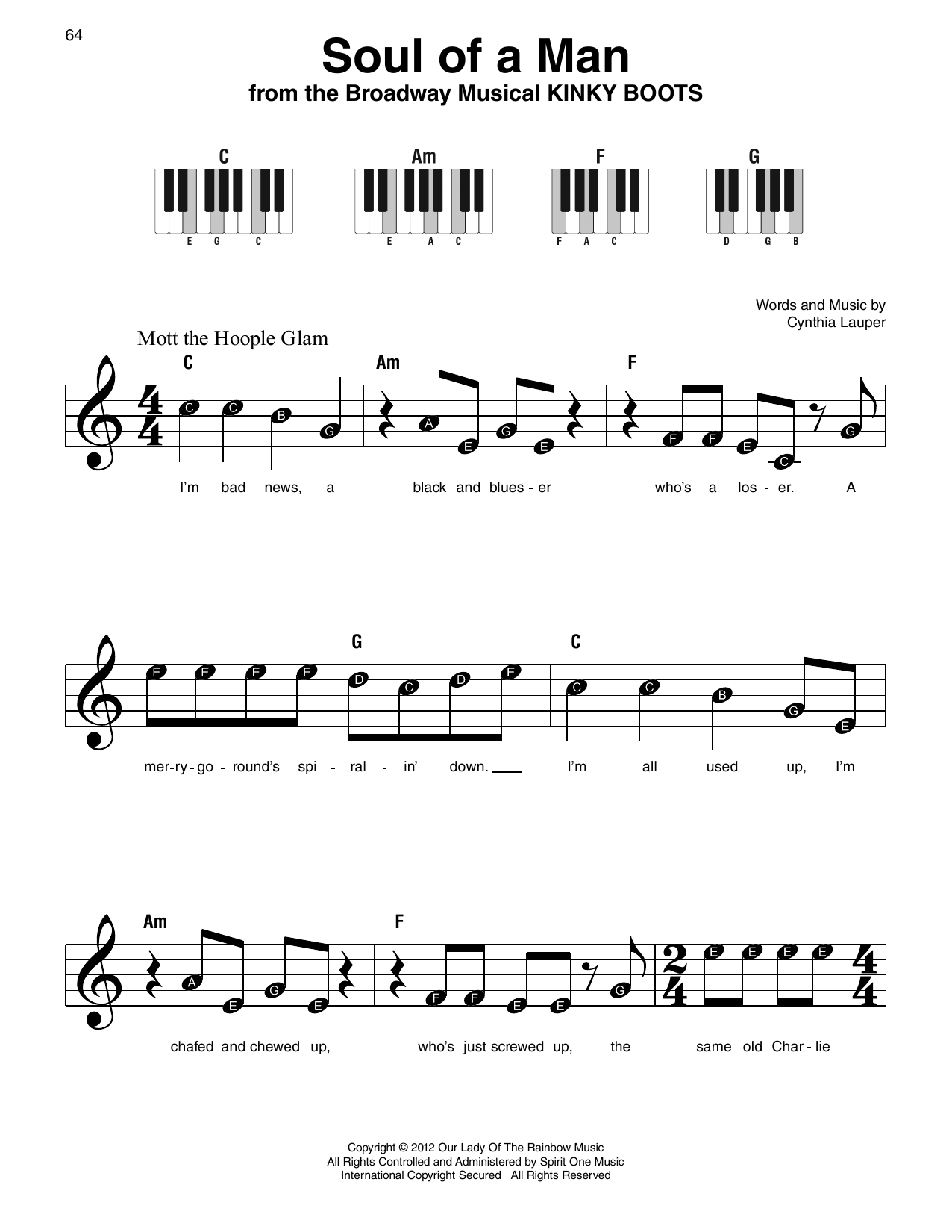 Cynthia Lauper Soul Of A Man (from Kinky Boots) sheet music notes and chords arranged for Super Easy Piano