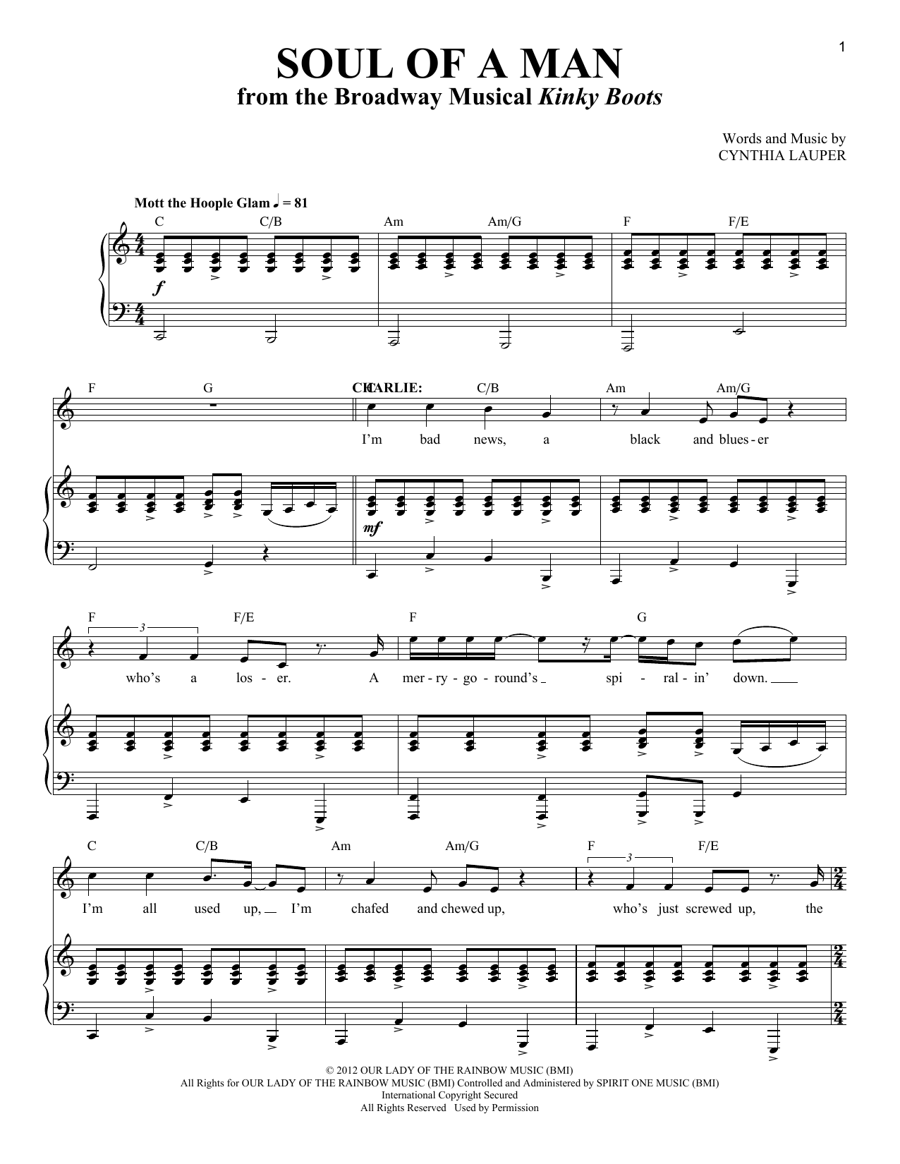 Cynthia Lauper Soul Of A Man sheet music notes and chords arranged for Piano & Vocal
