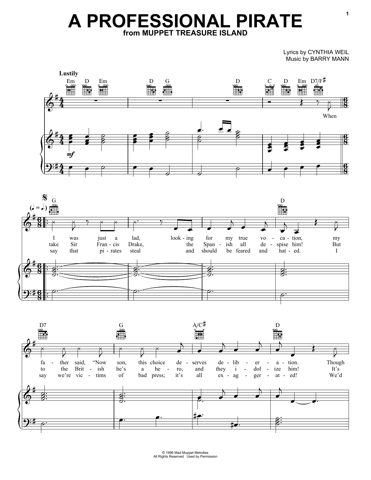 Cynthia Weil A Professional Pirate (from Muppet Treasure Island) sheet music notes and chords arranged for Piano, Vocal & Guitar Chords (Right-Hand Melody)