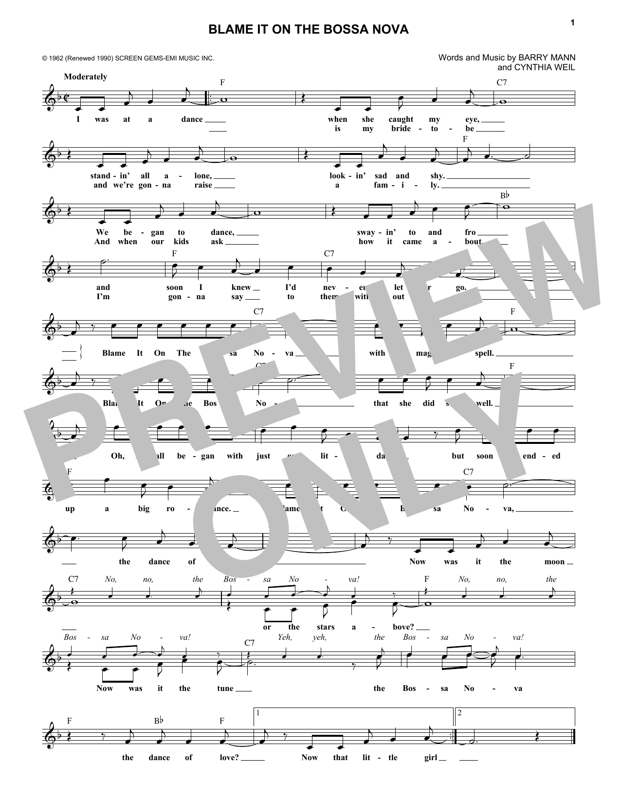 Cynthia Weil Blame It On The Bossa Nova sheet music notes and chords arranged for Lead Sheet / Fake Book