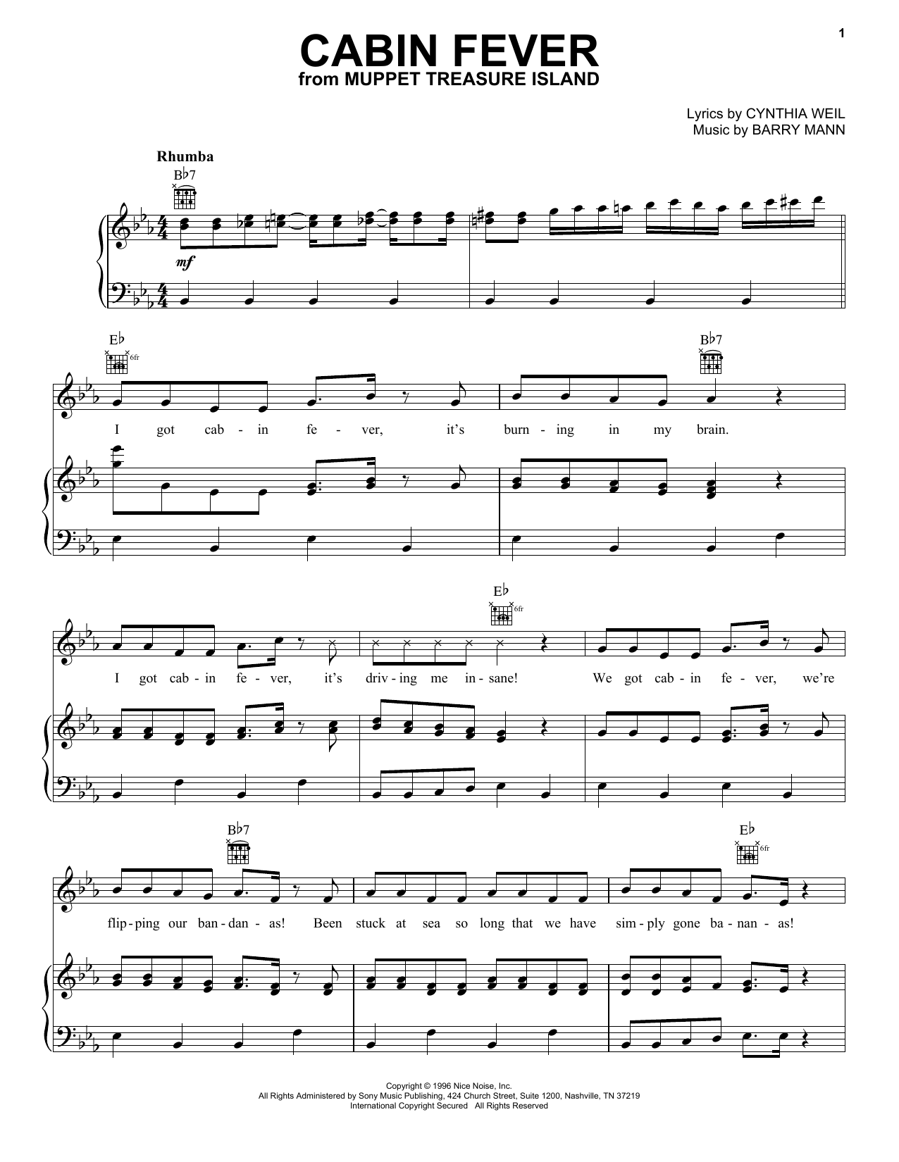 Cynthia Weil Cabin Fever (from Muppet Treasure Island) sheet music notes and chords arranged for Piano, Vocal & Guitar Chords (Right-Hand Melody)