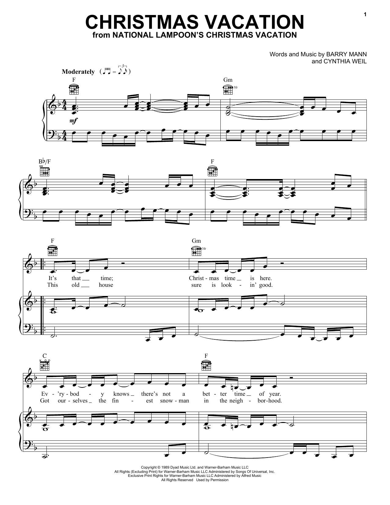 Cynthia Weil Christmas Vacation sheet music notes and chords arranged for Piano, Vocal & Guitar Chords (Right-Hand Melody)