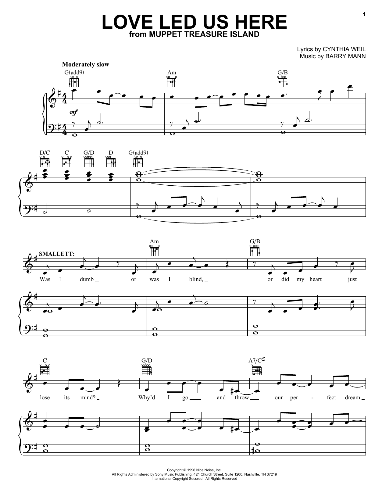 Cynthia Weil Love Led Us Here (from Muppet Treasure Island) sheet music notes and chords arranged for Piano, Vocal & Guitar Chords (Right-Hand Melody)