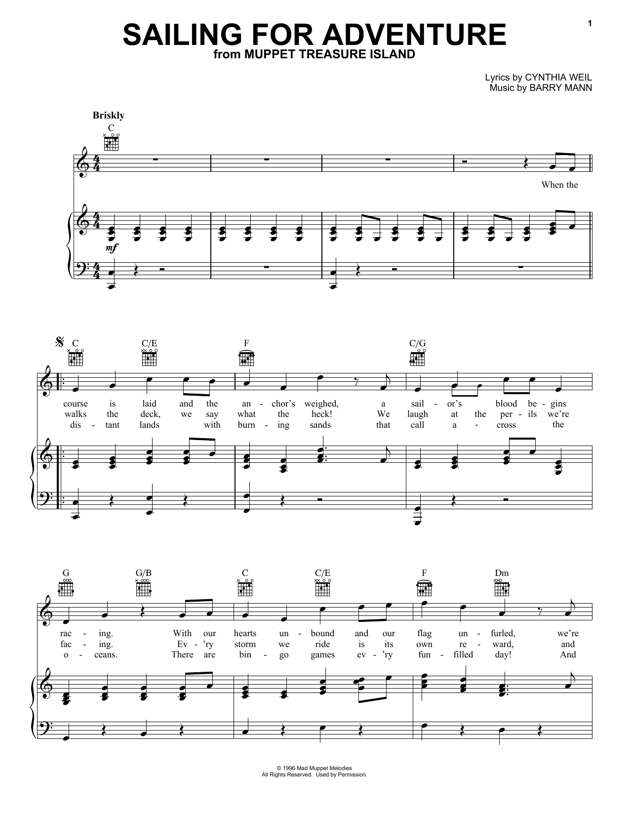 Cynthia Weil Sailing For Adventure (from Muppet Treasure Island) sheet music notes and chords arranged for Piano, Vocal & Guitar Chords (Right-Hand Melody)