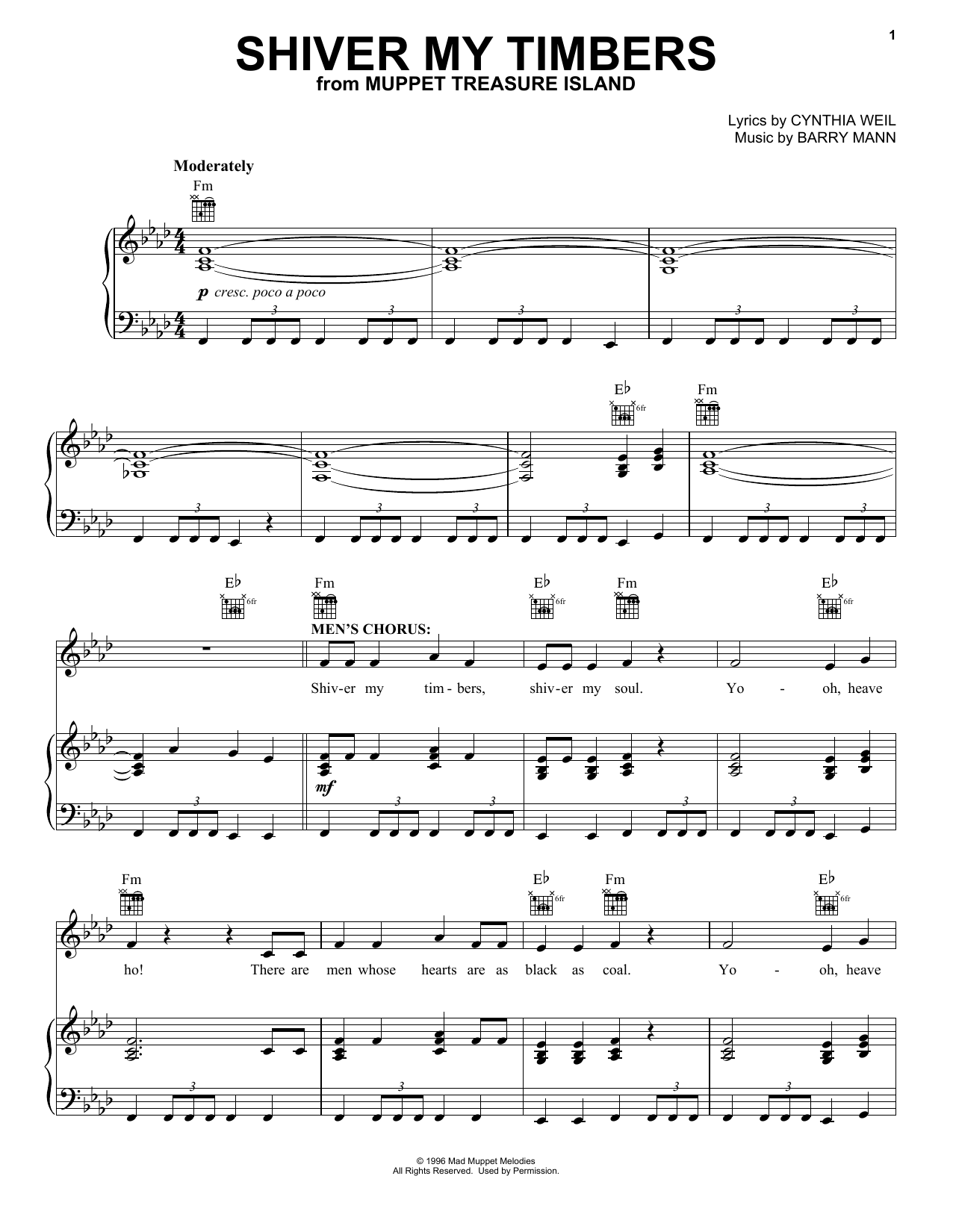 Cynthia Weil Shiver My Timbers (from Muppet Treasure Island) sheet music notes and chords arranged for Piano, Vocal & Guitar Chords (Right-Hand Melody)