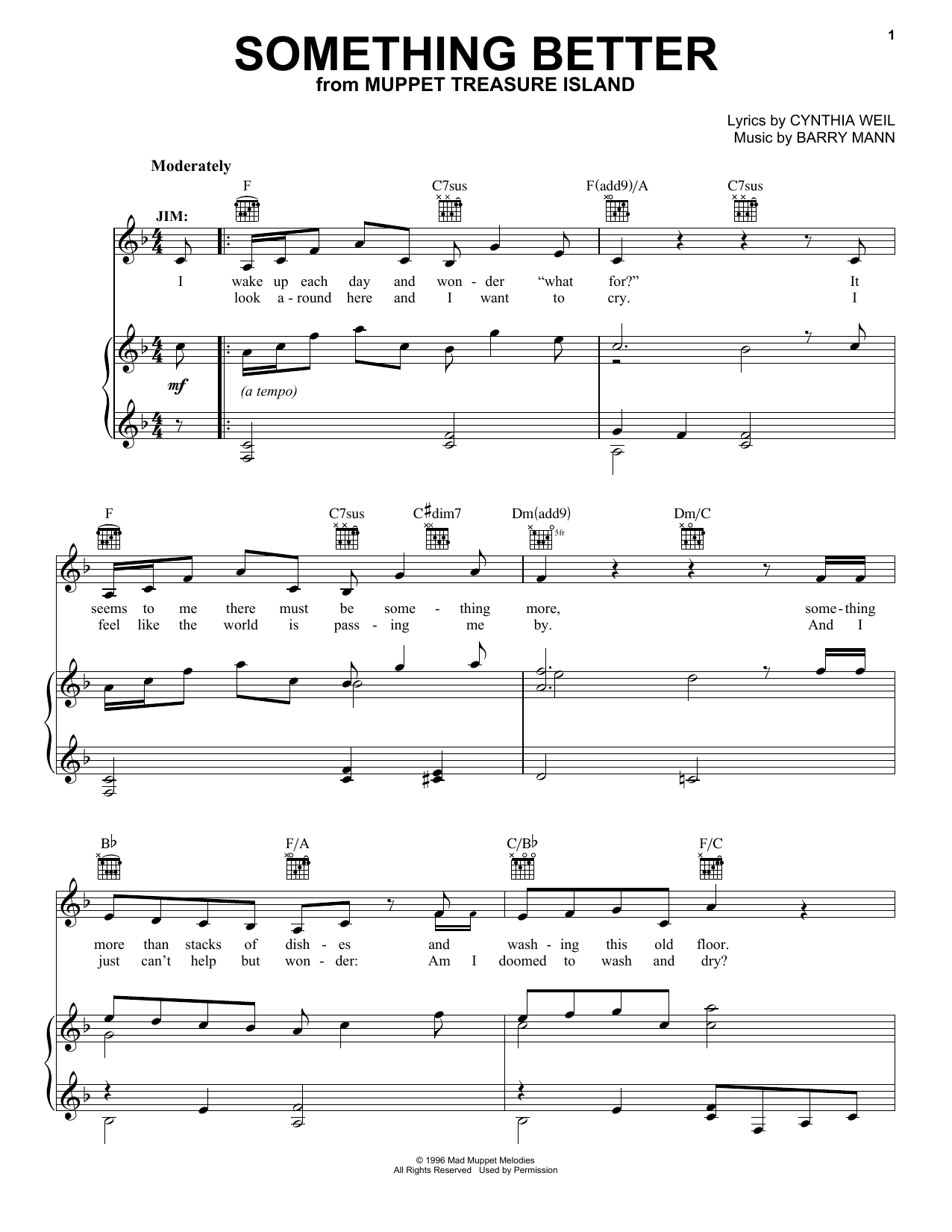 Cynthia Weil Something Better (from Muppet Treasure Island) sheet music notes and chords arranged for Piano, Vocal & Guitar Chords (Right-Hand Melody)