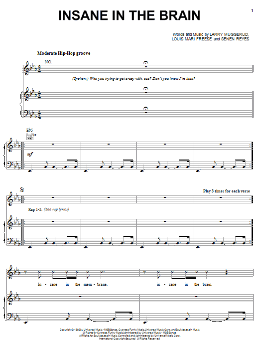 Cypress Hill Insane In The Brain sheet music notes and chords arranged for Piano, Vocal & Guitar Chords (Right-Hand Melody)